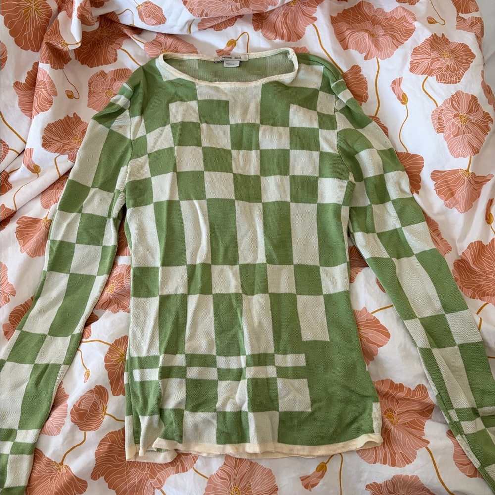 Paloma Wool Green and Cream Checker Knit Top